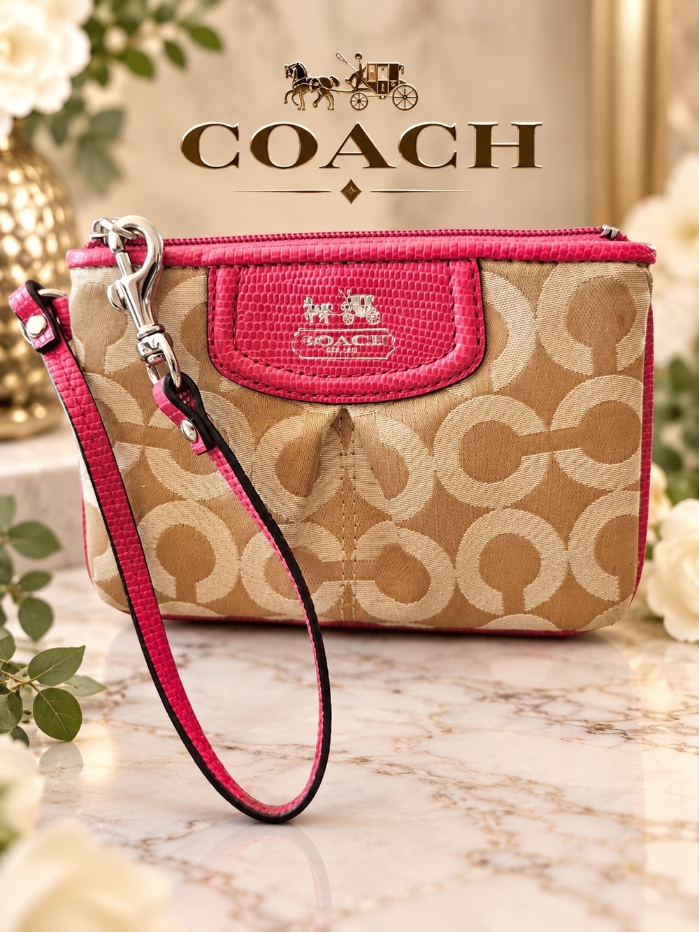 Vintage COACH Signature C Khaki Canvas Pink Leather Trim Wristlet